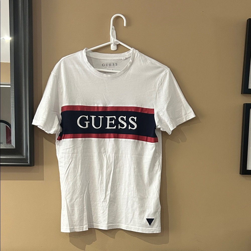 GUESS Men's White Tee with Navy and Red Stripes